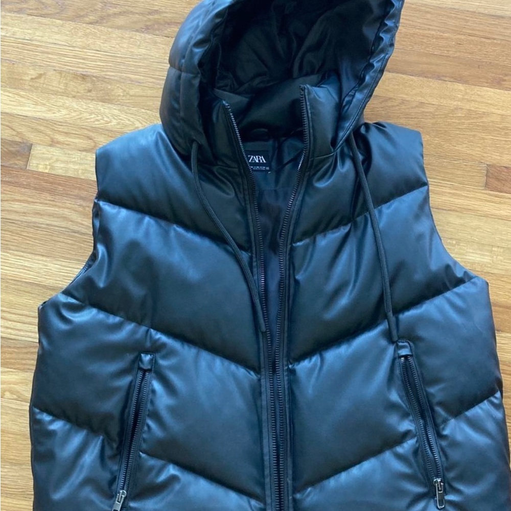 Zara black hooded leather vest